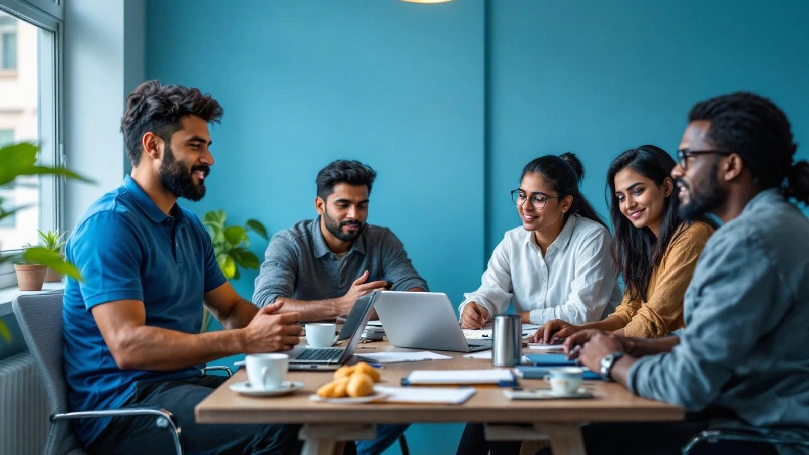 Five colleagues meeting around a table with laptops and notebooks, representing a five-person software team