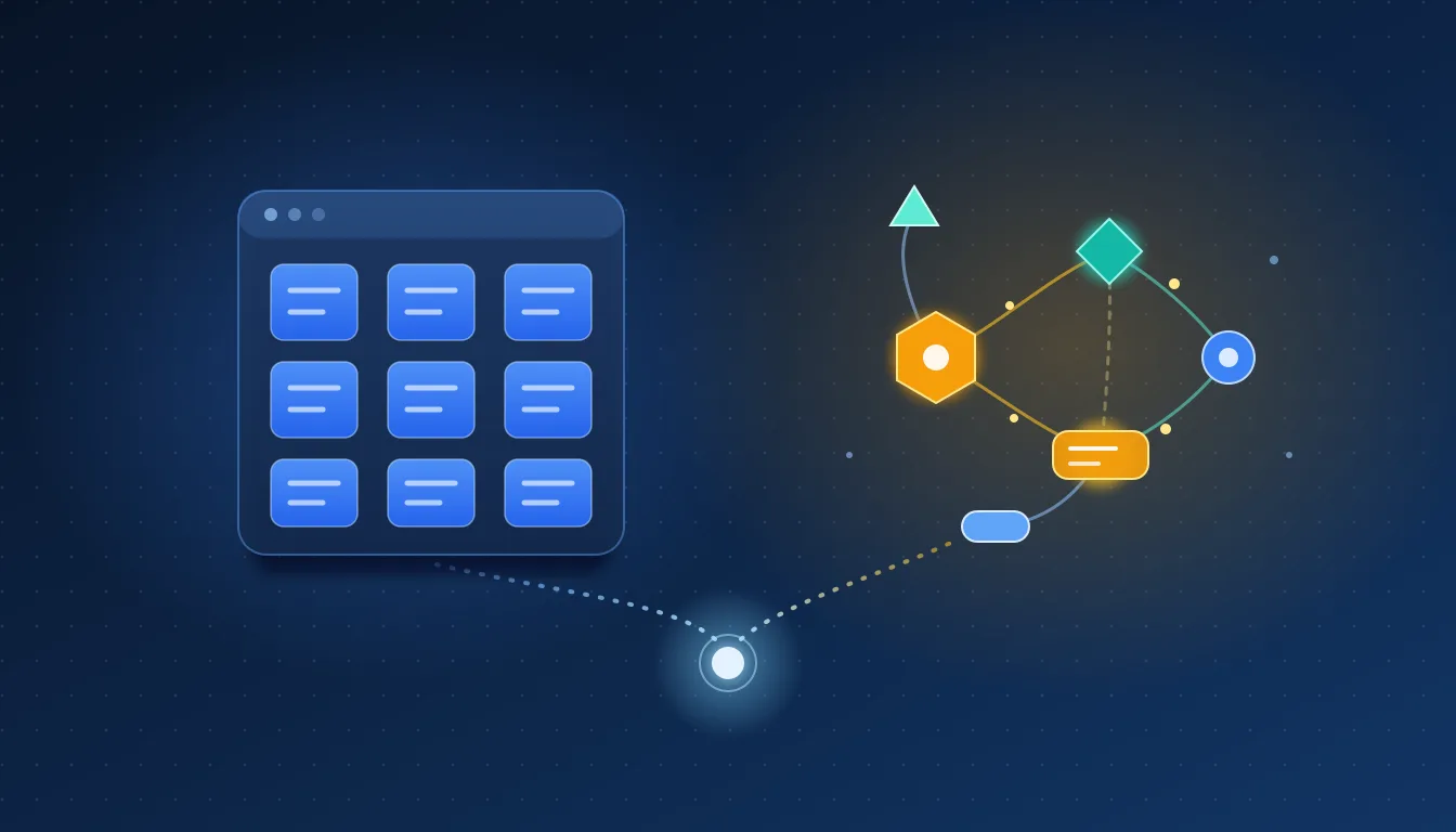Illustration of two paths from one decision point: a grid of identical modules in a fixed frame, and a network of differently shaped connected nodes