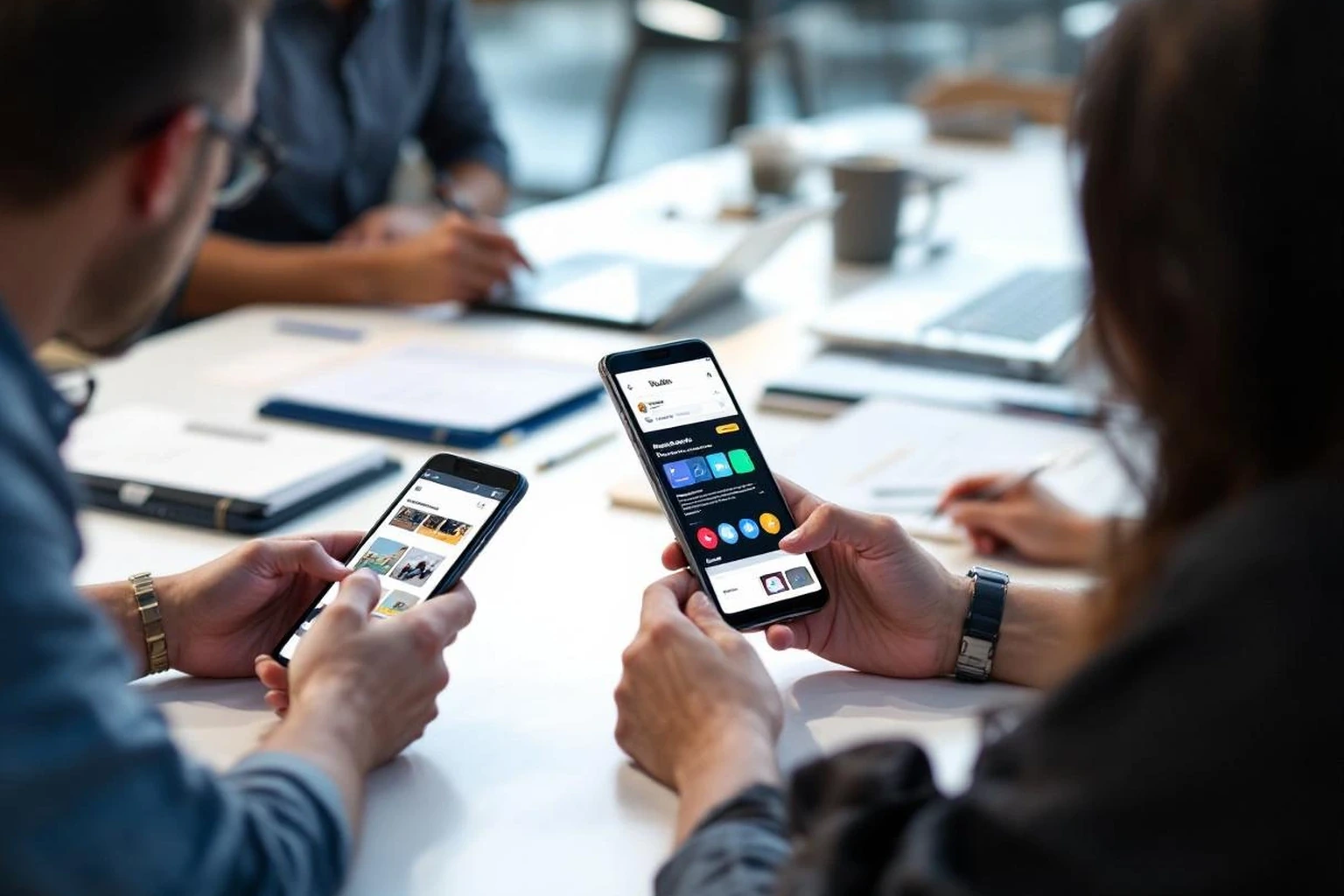 Two people at a meeting table using apps on their smartphones