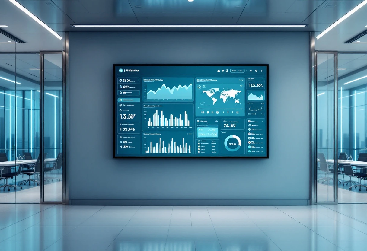 A web application dashboard with charts and data tables, displayed on a large screen in an office