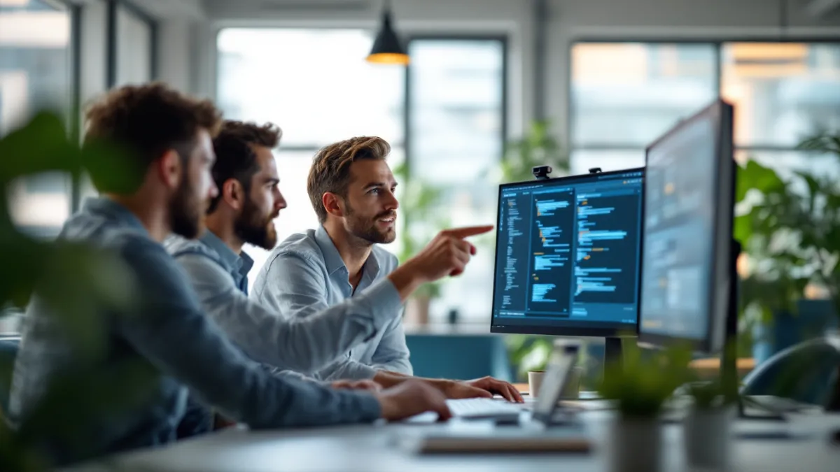 A Brainstack delivery pod reviewing working software together around a screen