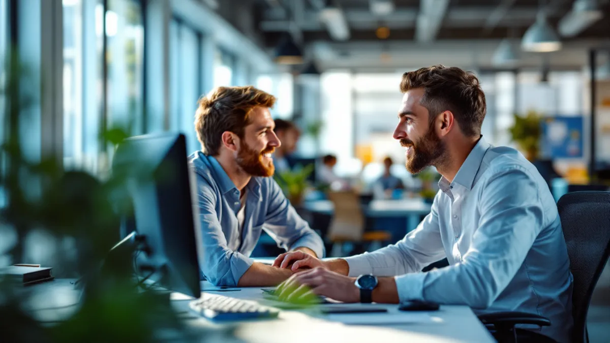 Brainstack engineers embedded in a client team, pair programming at a shared desk