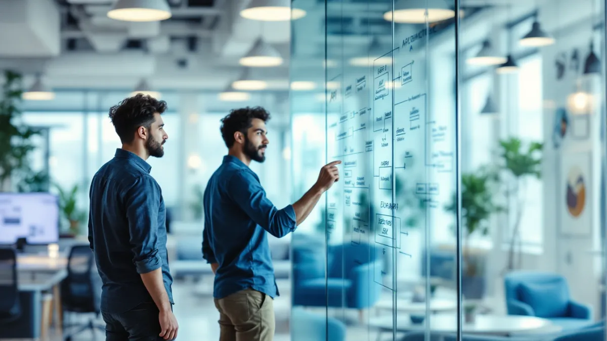Two engineers agreeing an API contract at a design wall before implementation