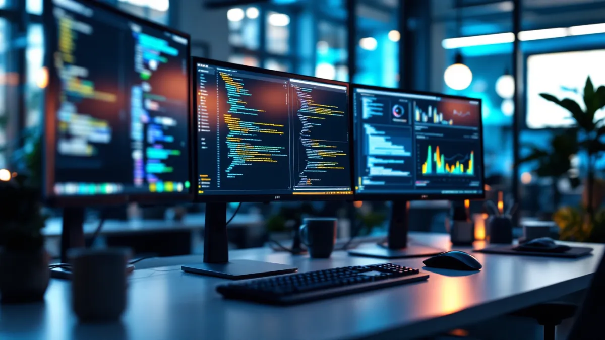 A developer workstation showing API code, a GraphQL schema and live monitoring dashboards